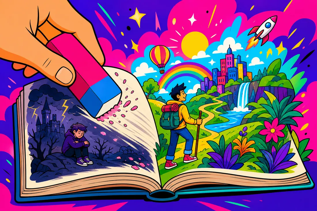 Illustration d'une main géante gommant une scène entière d'un livre d'histoire ouvert, tandis qu'une nouvelle scène colorée apparaît à la place