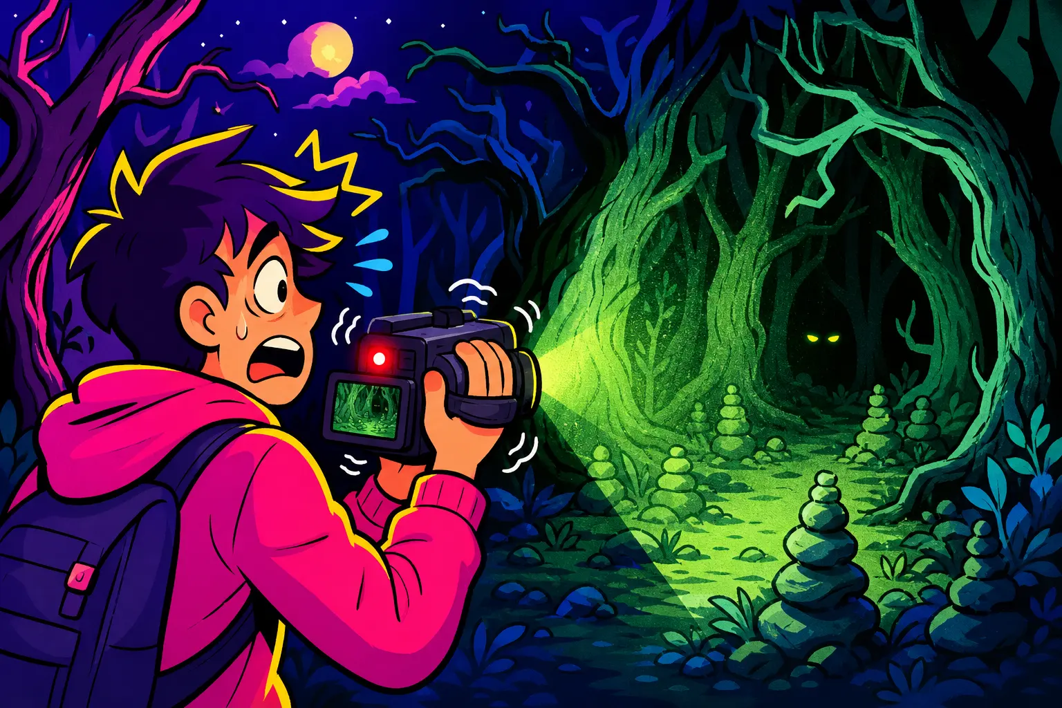 Illustration d'un jeune terrifié qui filme une forêt sombre avec un caméscope tremblant, des petits tas de pierres au sol et deux yeux brillants dans l'obscurité