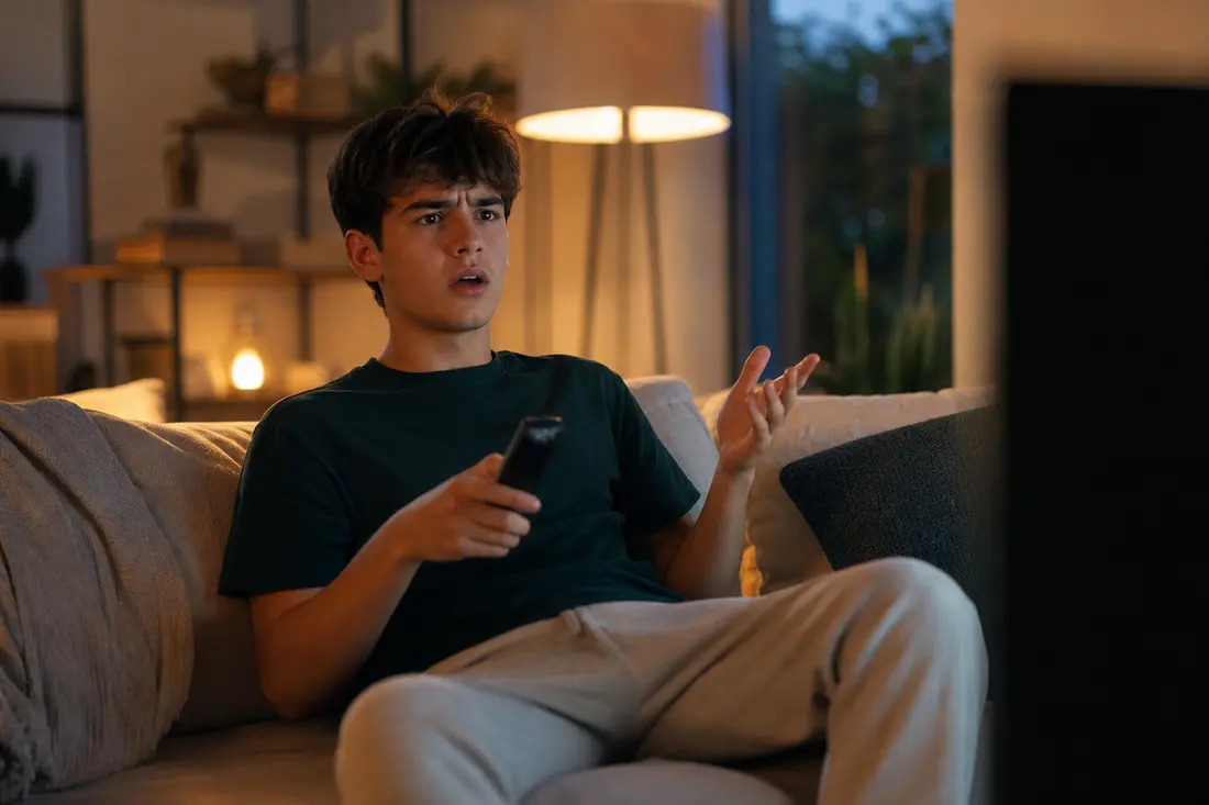 Jeune homme assis sur un canapé dans un salon tamisé, télécommande en main, l'air incrédule et déconcerté devant sa télévision