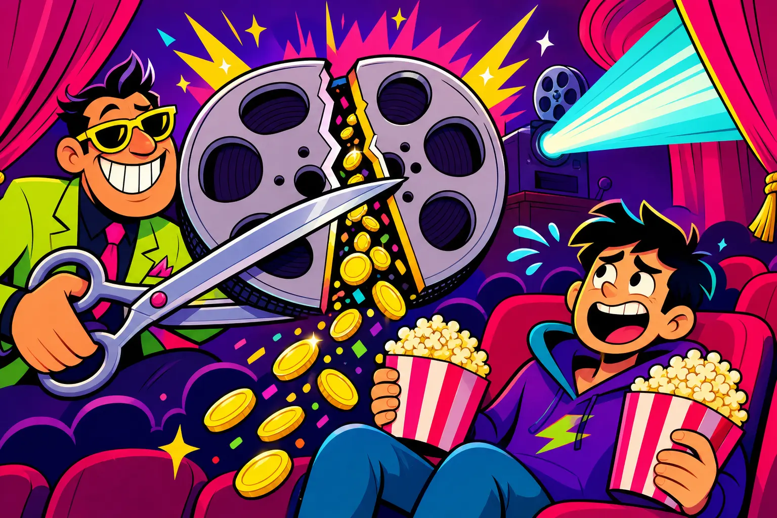 Illustration d'un producteur hilare qui coupe une bobine de film en deux avec des ciseaux géants, des pièces s'en échappent, devant un spectateur avec deux pots de pop-corn