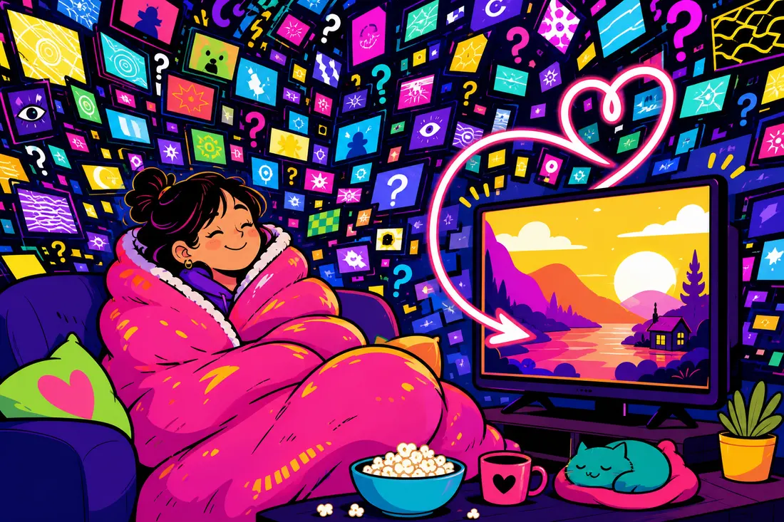 Illustration d'une jeune emmitouflée dans une couverture rose qui regarde paisiblement une télé, entourée d'un mur chaotique de petits écrans inconnus et de points d'interrogation
