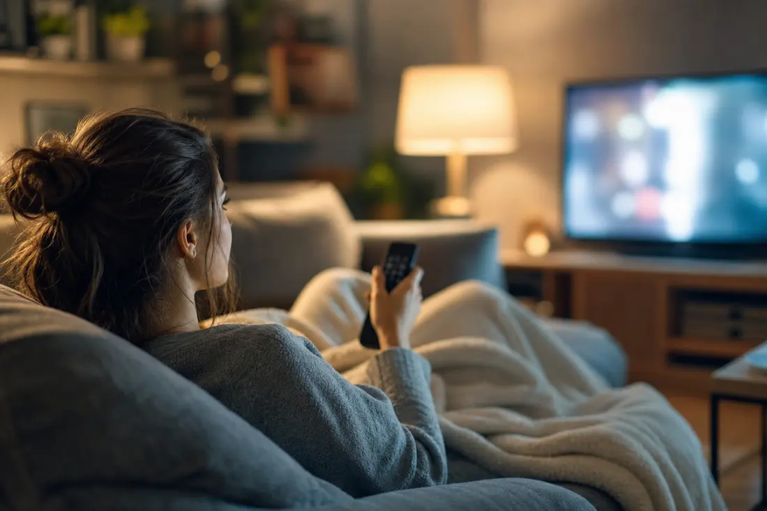 Jeune femme emmitouflée sous un plaid dans un canapé, télécommande à la main, face à un écran de télévision allumé dans un salon tamisé le soir