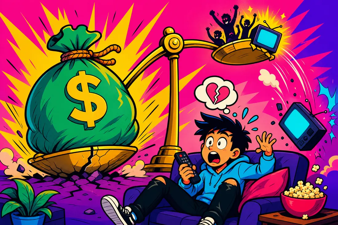 Illustration d'une balance géante dont le sac d'argent fait basculer un petit téléviseur, sous les yeux d'un jeune spectateur dépité