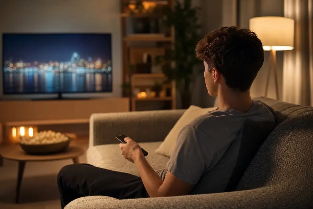 Jeune homme de dos, assis sur un canapé avec une télécommande, devant une télévision allumée dans un salon cosy éclairé par une lampe