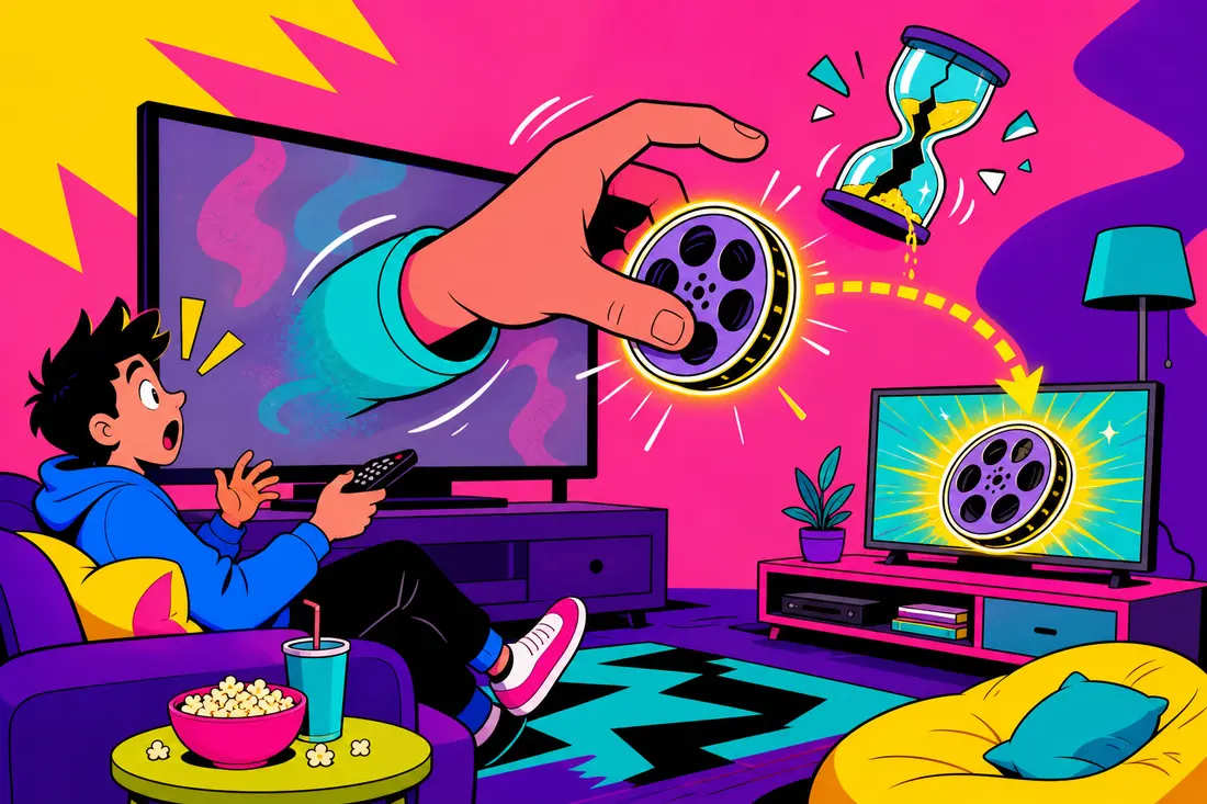 Illustration d'un jeune surpris sur son canapé pendant qu'une main géante retire une bobine de film de son écran pour la déposer sur un autre écran