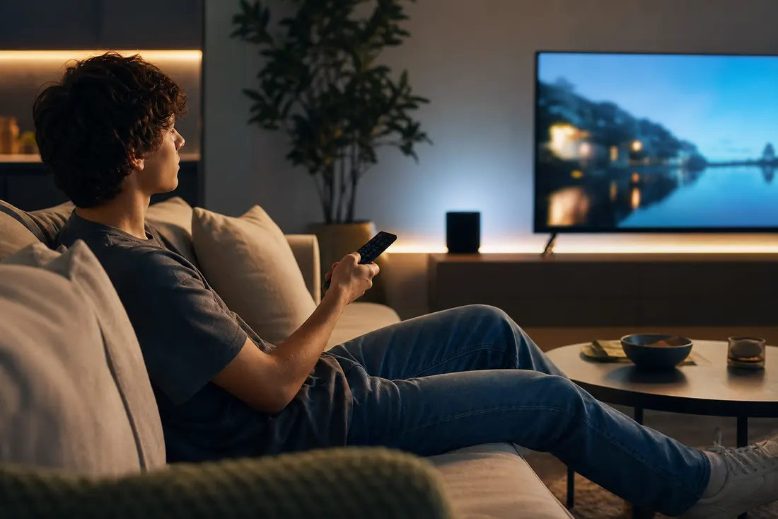 Jeune homme aux cheveux bouclés allongé sur un canapé le soir, télécommande en main, face à un grand téléviseur allumé dans un salon tamisé