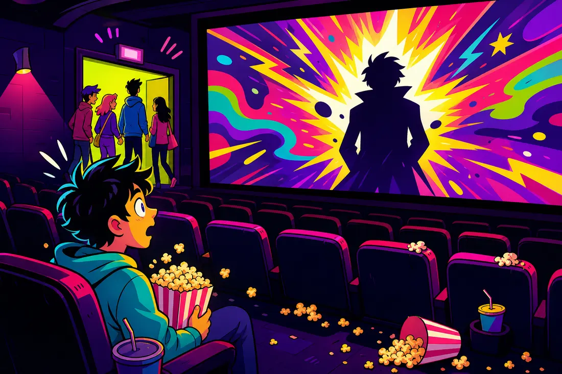 Illustration d'un jeune resté seul dans une salle de cinéma, bouche bée devant une silhouette mystérieuse à l'écran, pendant que les autres spectateurs sortent