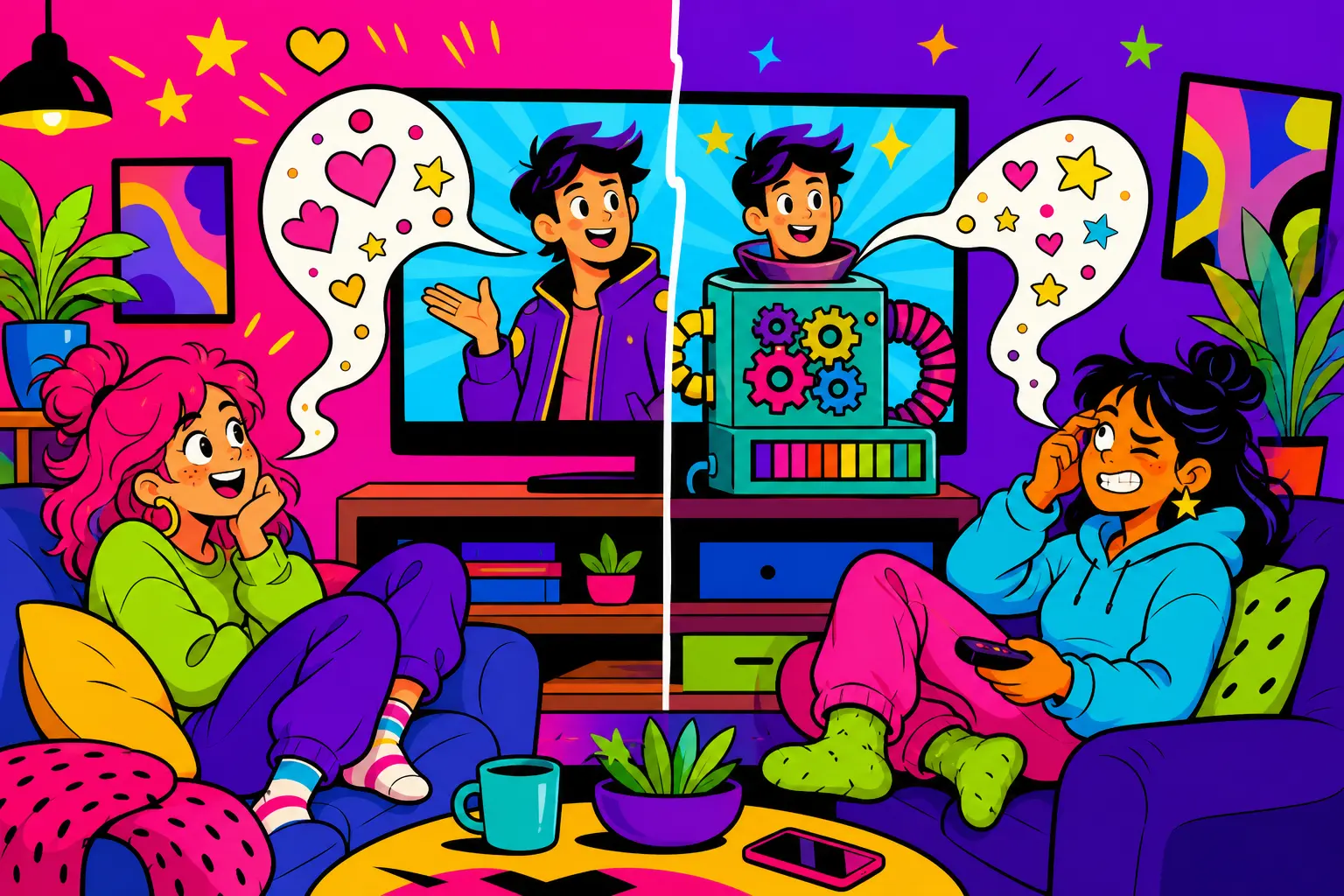 Illustration de deux amies devant une série : d'un côté la bulle du personnage arrive directement, de l'autre elle passe par une machine à engrenages qui la traduit