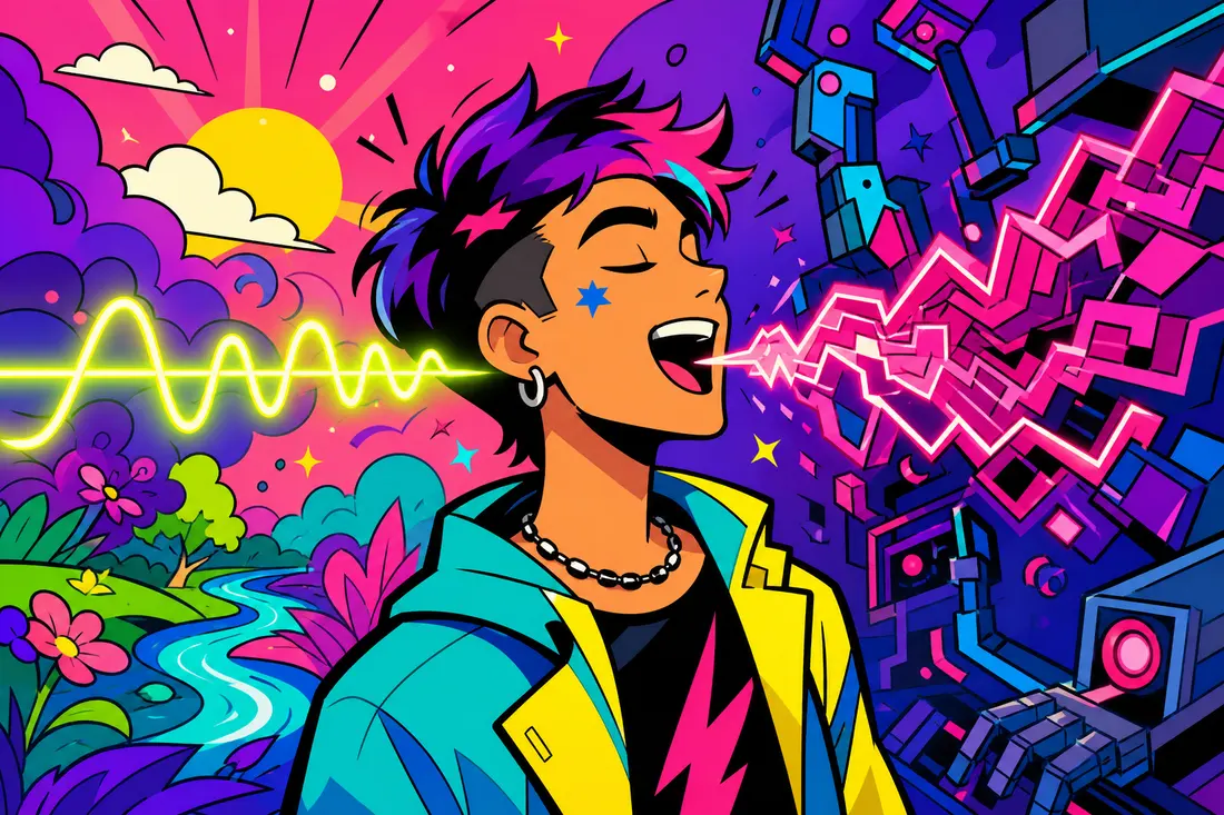 Illustration d'un chanteur dont la voix sort de sa bouche sous forme d'une onde sonore ondulée qui se redresse instantanément en ligne parfaitement droite d'un côté, tandis que de l'autre côté une seconde onde se transforme en blocs robotiques anguleux