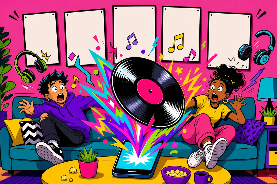 Illustration d'un disque vinyle jaillissant d'un smartphone dans une explosion de confettis devant deux jeunes stupéfaits sur un canapé