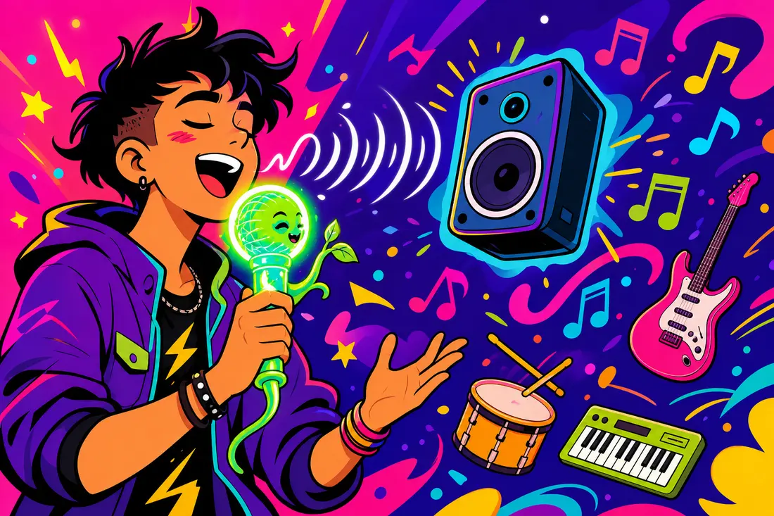 Illustration d'un chanteur sur scène tenant un micro vivant et lumineux, tandis qu'à ses côtés un haut-parleur flottant diffuse des notes de musique colorées en fond, sans jamais toucher au micro