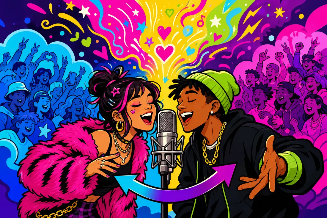 Illustration de deux jeunes chanteurs partageant un micro géant, leurs deux foules de fans se croisant puis fusionnant au-dessus d'eux