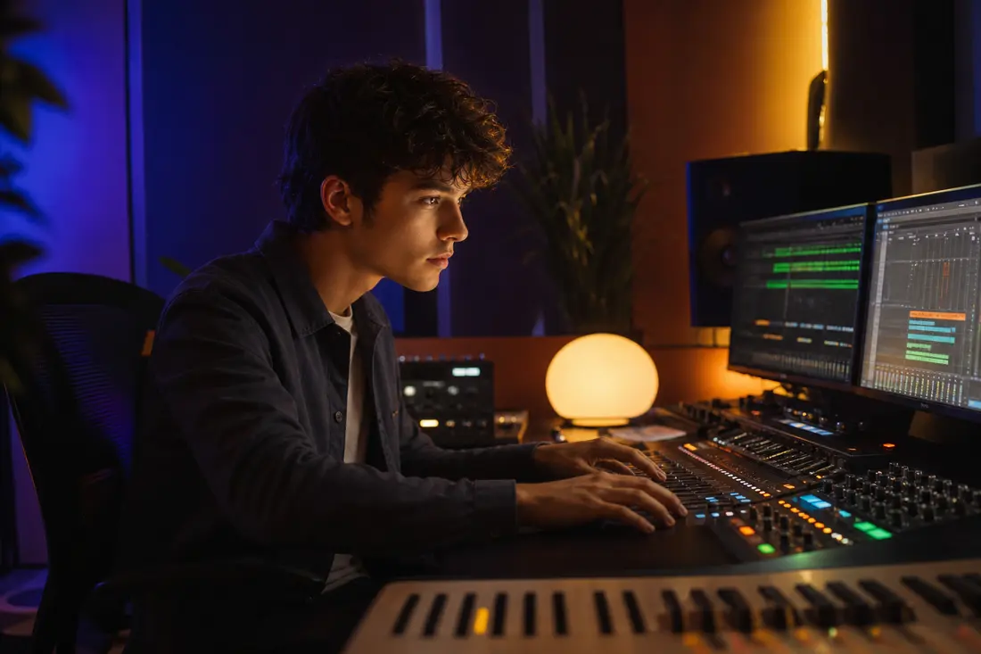 Jeune homme aux cheveux bouclés seul dans un studio sombre, les mains sur une console de mixage face à deux écrans lumineux
