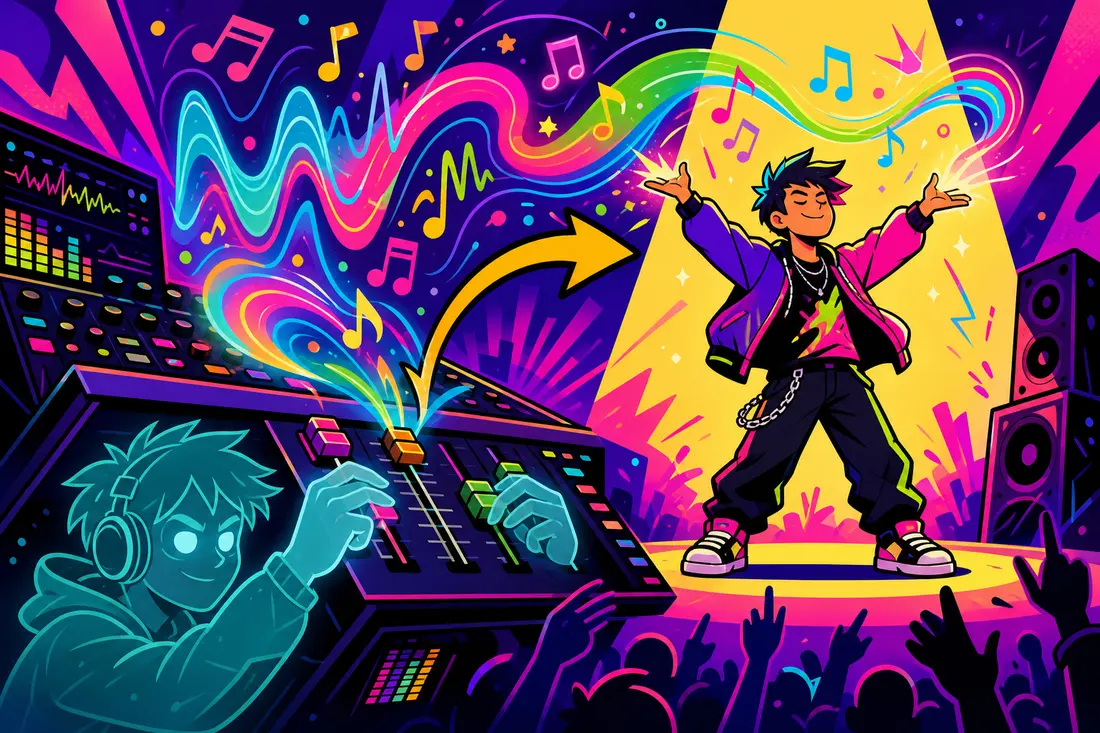 Illustration d'un producteur fantôme translucide qui compose derrière la console pendant qu'un DJ sous le projecteur récolte la gloire