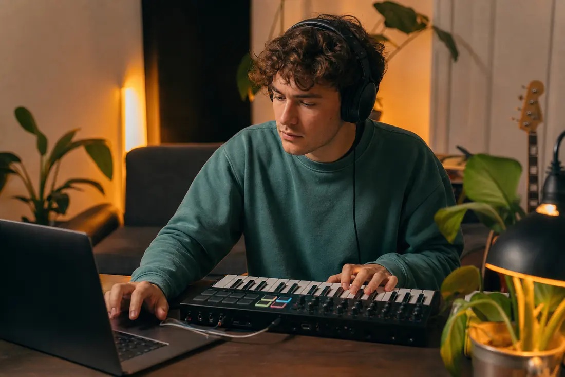 Jeune homme aux cheveux bouclés, casque audio sur les oreilles, une main sur un clavier MIDI et l'autre sur son ordinateur portable, dans un salon tamisé