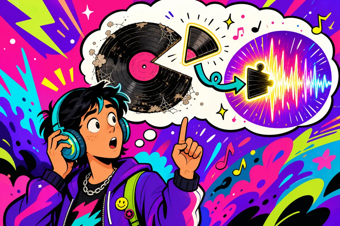 Illustration d'un jeune casque sur les oreilles qui reconnaît un morceau de vieux vinyle glissé en boucle dans une nouvelle onde sonore