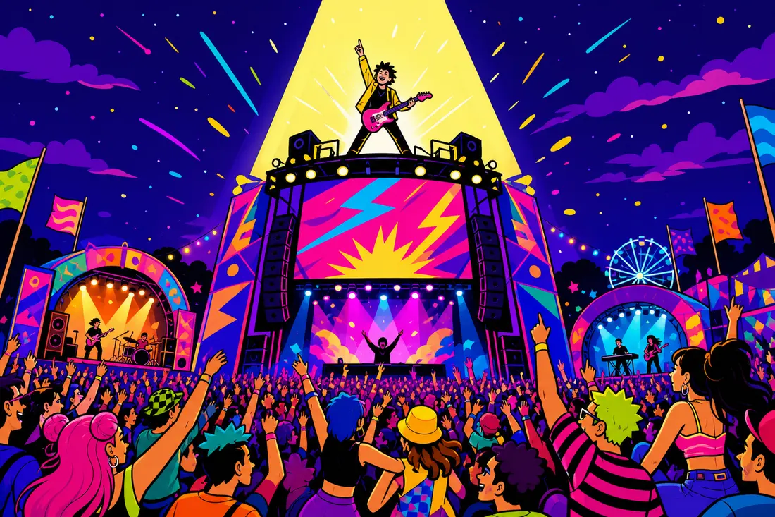 Illustration d'une scène de festival géante où un artiste cartoon domine tout en haut sous un projecteur immense, entouré d'une foule en liesse, tandis que d'autres artistes plus petits jouent sur des scènes secondaires en arrière-plan