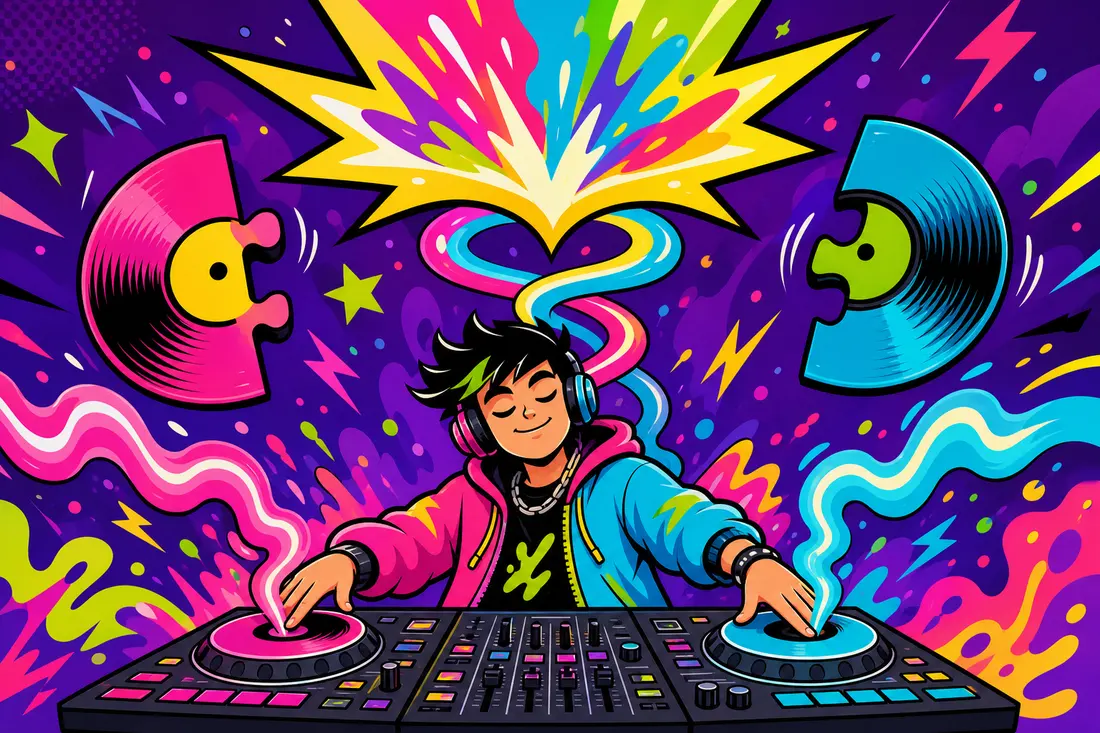 Illustration d'un DJ dont les deux platines projettent deux ondes sonores de couleurs différentes qui se tressent en une seule onde