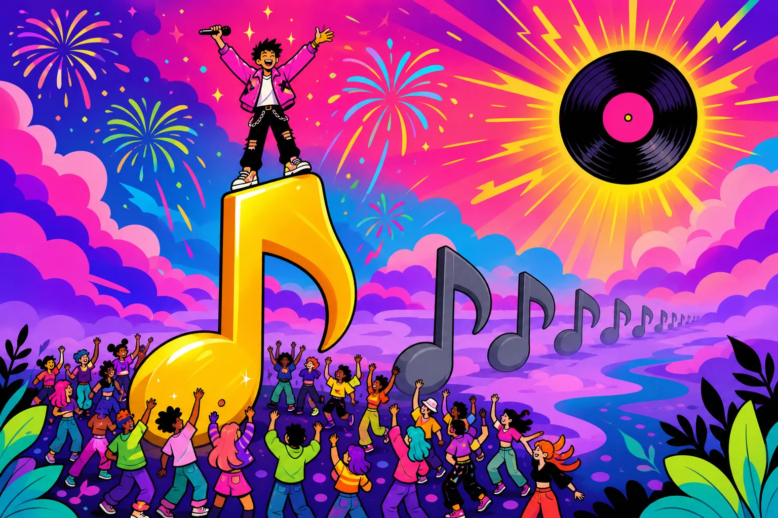 Illustration d'un chanteur debout au sommet d'une immense note de musique dorée sous les feux d'artifice, suivie d'une file de petites notes grises qui se perdent dans la brume
