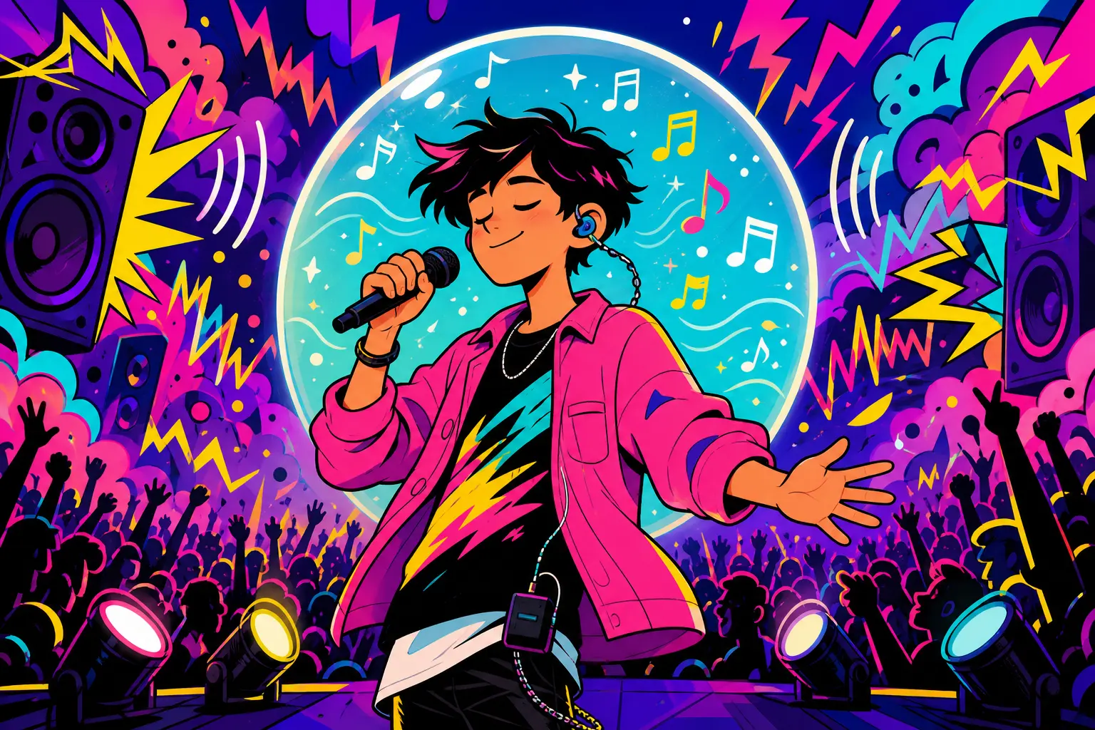 Illustration d'un chanteur sur scène, oreillette en place et boîtier à la ceinture, entouré d'une bulle calme de notes de musique au milieu d'une tempête de bruit