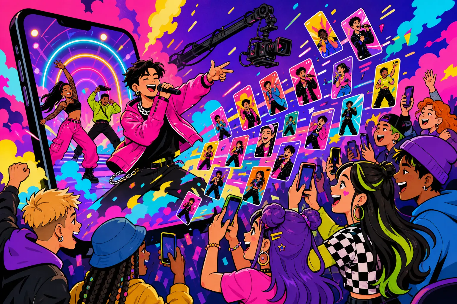 Illustration d'un chanteur qui sort d'un smartphone géant dans un décor de clip néon, la scène se démultipliant en vidéos verticales vers des fans téléphone en main