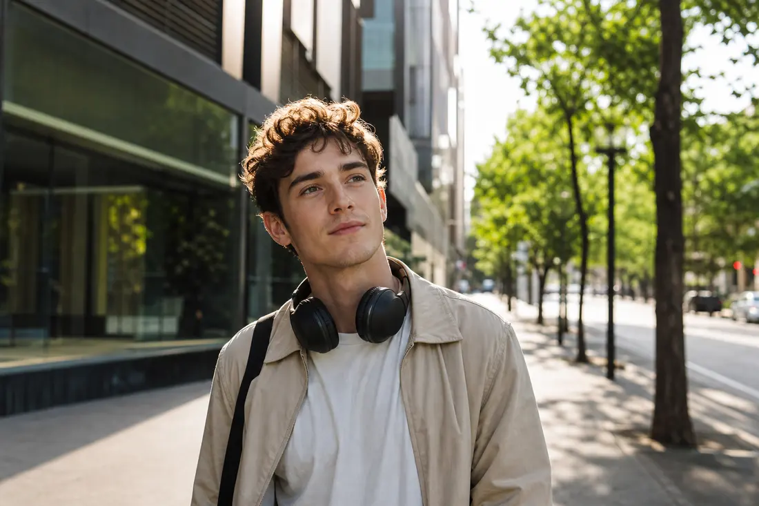 Jeune homme aux cheveux bouclés, casque audio autour du cou, marchant sur un trottoir ensoleillé bordé d'arbres, le regard dans le vague