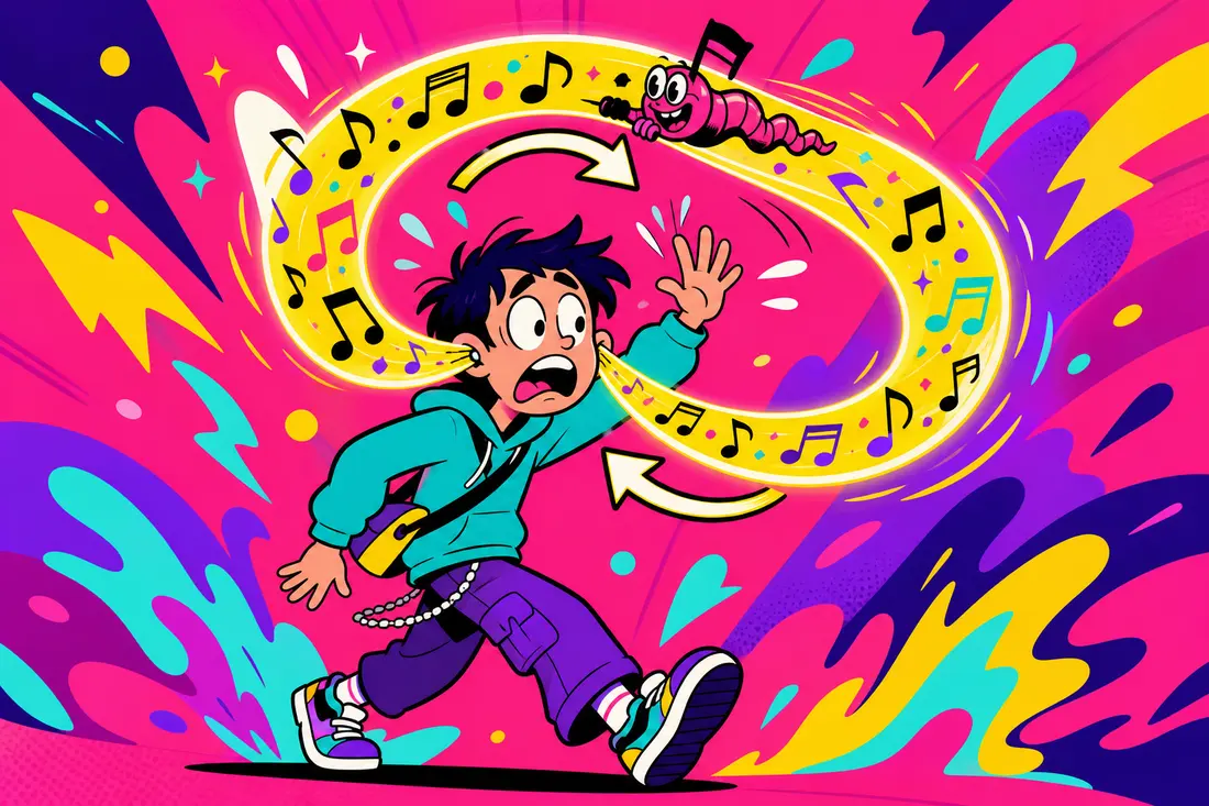 Illustration d'un jeune dont une boucle de notes de musique sort d'une oreille et revient dans l'autre, formant une flèche de répétition au-dessus de sa tête