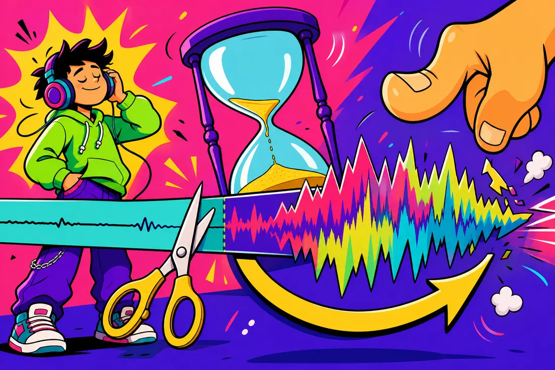 Illustration : un jeune au casque regarde des ciseaux géants couper le long début plat d'une onde sonore, le refrain explosif ramené tout devant