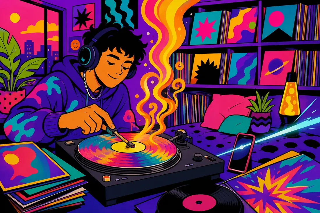 Illustration d'un jeune casque sur les oreilles qui pose le bras d'une platine sur un vinyle coloré, d'où s'élèvent des volutes de son chaudes devant une étagère de disques