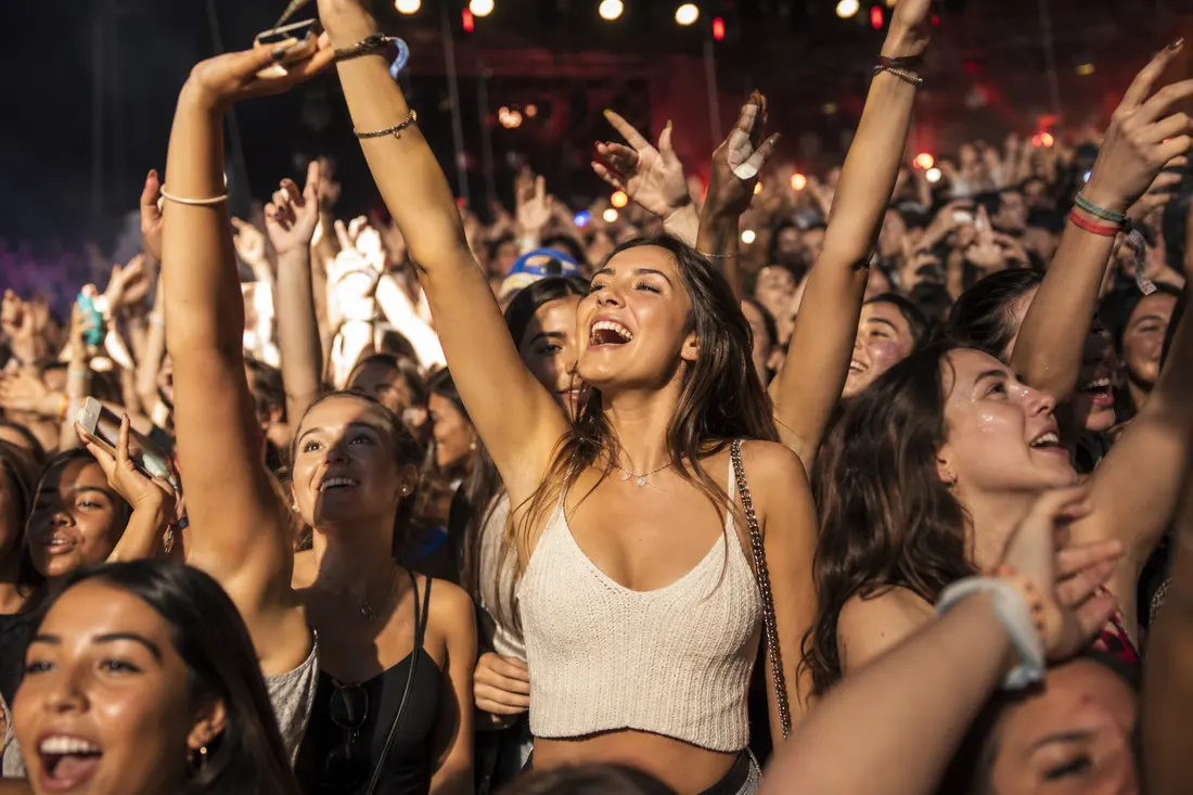 Foule compacte de jeunes dans la fosse d'un concert, bras levés et sourires, sous les lumières chaudes de la scène