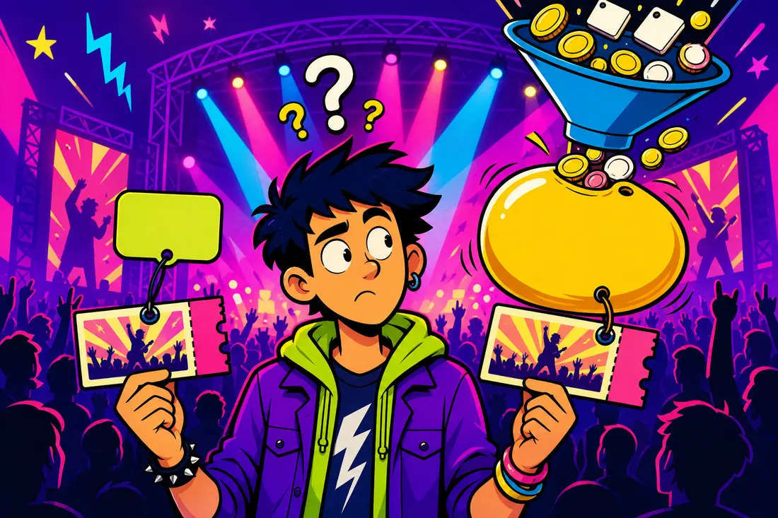 Illustration d'un jeune fan tenant deux billets de concert identiques sous deux étiquettes de prix, l'une minuscule, l'autre gonflée par des pièces