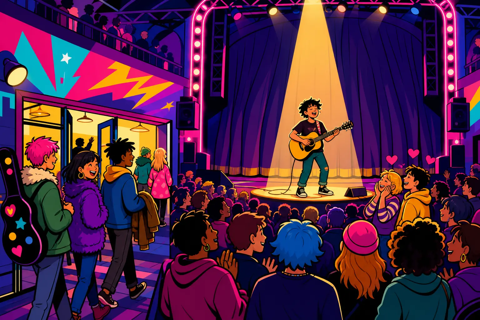Illustration d'un jeune artiste à la guitare sous un projecteur devant le rideau fermé de la grande scène, pendant que des fans arrivent encore et que d'autres l'acclament