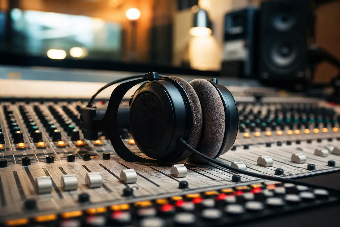 Un casque audio noir posé sur une grande console de mixage aux boutons colorés, dans la lumière tamisée d'un studio radio