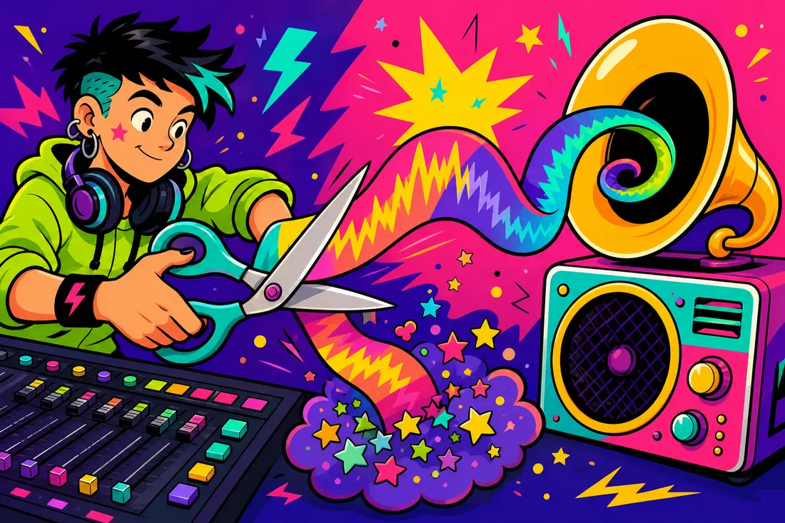 Illustration d'un jeune ingénieur du son coupant aux ciseaux une longue onde sonore colorée qui file ensuite dans un poste de radio