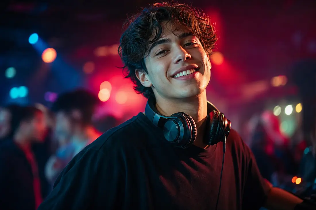 Jeune homme souriant avec un casque audio autour du cou, dans un club aux lumières rouges et bleues, foule floue en arrière-plan