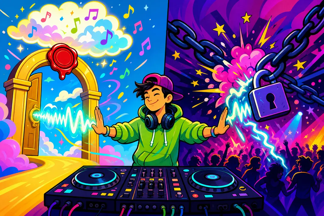 Illustration d'un DJ : deux ondes sonores identiques partent en sens inverse, l'une franchit une arche dorée, l'autre rebondit sur un cadenas vers la piste