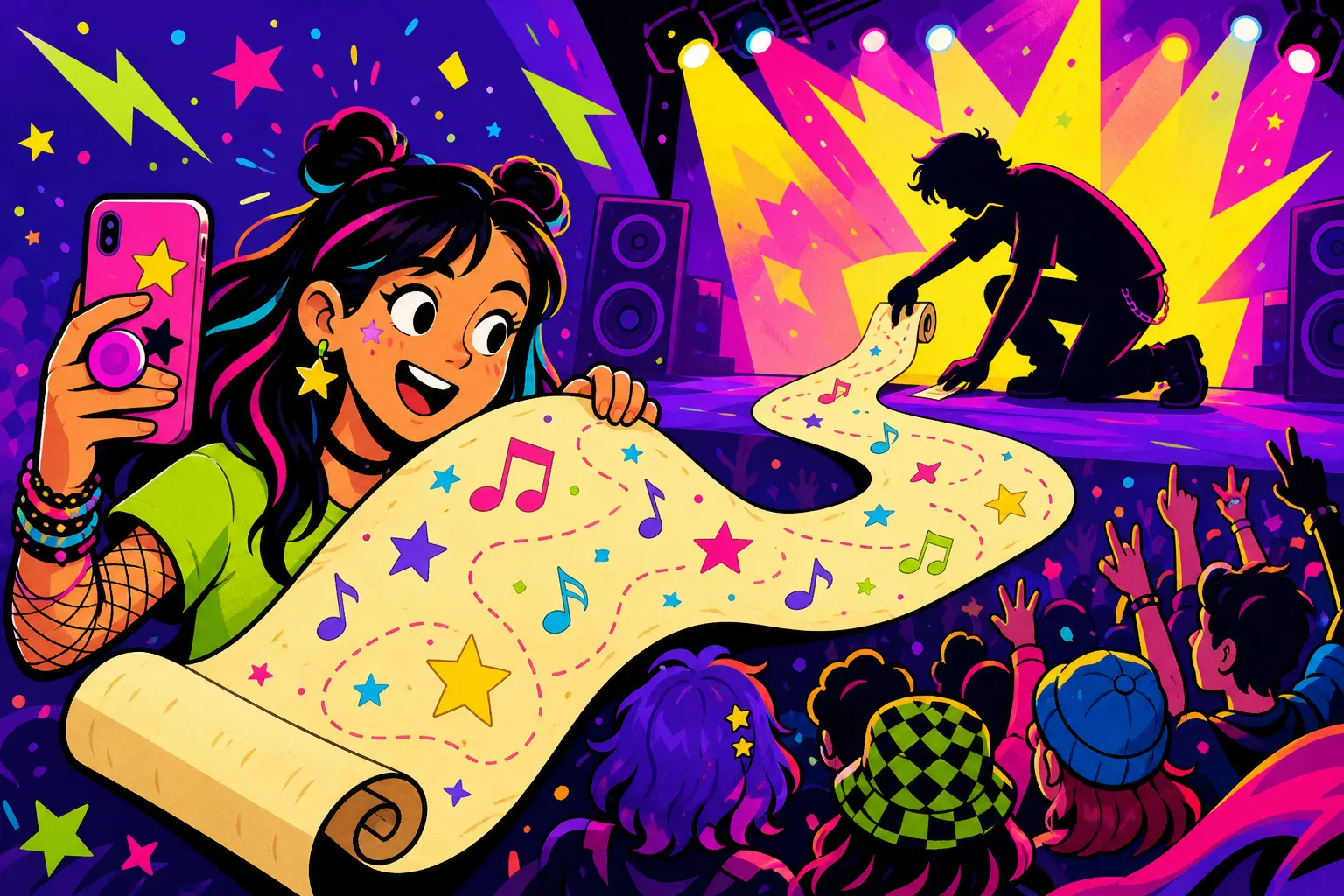 Illustration d'une fan en concert qui découvre un long parchemin couvert de notes de musique et d'étoiles qu'un artiste en silhouette déroule depuis la scène